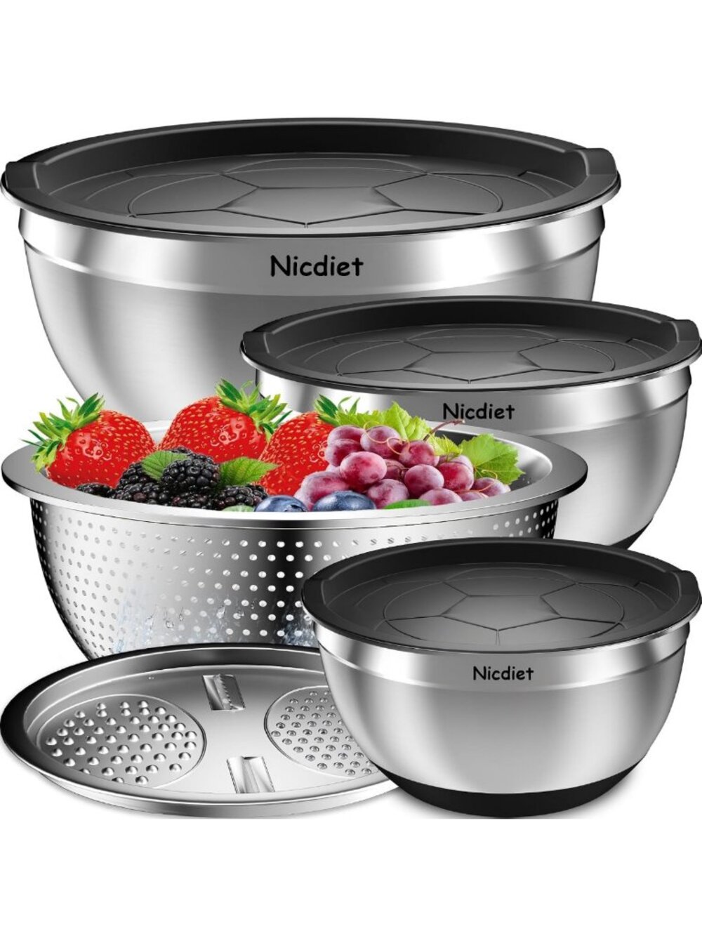 Airtight Stainless Steel Mixing Bowls Set with Colander & Grater, 3 Nesting
